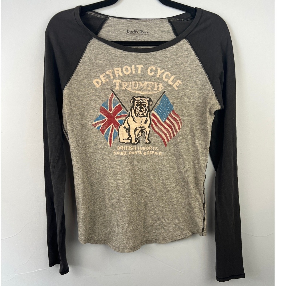 Lucky Brand x Triumph Motorcycles Raglan Cotton Tee SZ M Bulldog Detroit Cycle